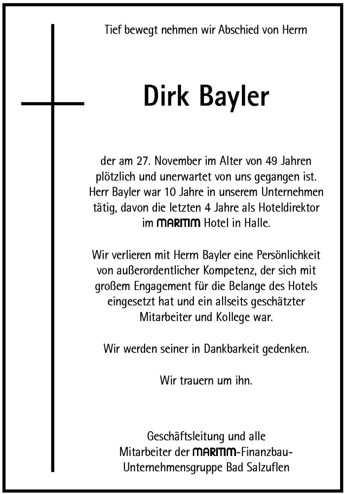  Traueranzeige für Dirk Bayler vom 04.12.2010 aus Neue Osnabrücker Zeitung GmbH & Co. KG