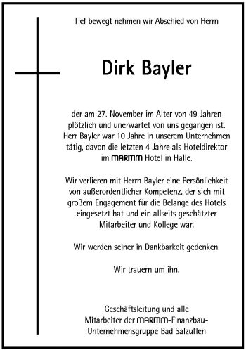 Traueranzeige von Dirk Bayler von Neue Osnabrücker Zeitung GmbH & Co. KG