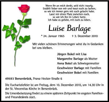 Traueranzeige von Luise Barlage von Neue Osnabrücker Zeitung GmbH & Co. KG