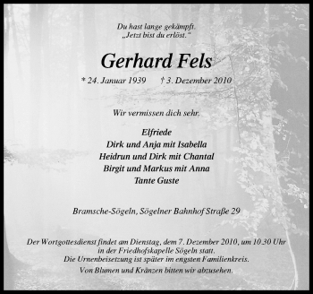 Traueranzeige von Gerhard Fels von Neue Osnabrücker Zeitung GmbH & Co. KG