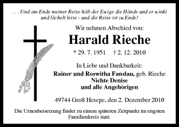 Traueranzeige von Harald Rieche von Neue Osnabrücker Zeitung GmbH & Co. KG