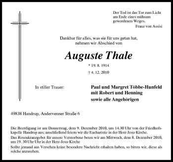 Traueranzeige von Auguste Thale von Neue Osnabrücker Zeitung GmbH & Co. KG