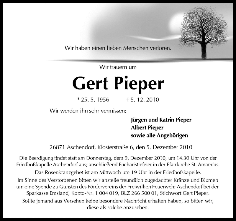  Traueranzeige für Gert Pieper vom 07.12.2010 aus Neue Osnabrücker Zeitung GmbH & Co. KG