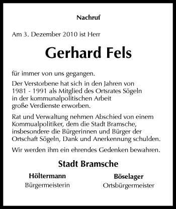 Traueranzeige von Gerhard Fels von Neue Osnabrücker Zeitung GmbH & Co. KG