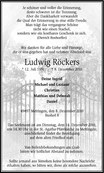 Traueranzeige von Ludwig Röckers von Neue Osnabrücker Zeitung GmbH & Co. KG