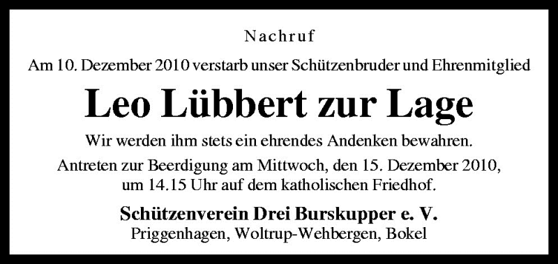  Traueranzeige für Leo Lübbert zur Lage vom 14.12.2010 aus Neue Osnabrücker Zeitung GmbH & Co. KG