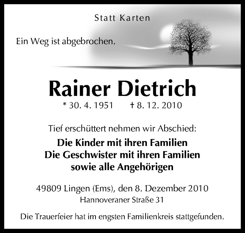  Traueranzeige für Rainer Dietrich vom 14.12.2010 aus Neue Osnabrücker Zeitung GmbH & Co. KG