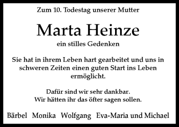Traueranzeige von Marta Heinze von Neue Osnabrücker Zeitung GmbH & Co. KG