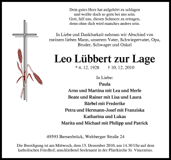 Traueranzeige von Leo Lübbert zur Lage von Neue Osnabrücker Zeitung GmbH & Co. KG