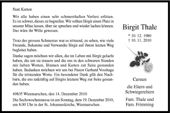 Traueranzeige von Birgit Thale von Neue Osnabrücker Zeitung GmbH & Co. KG