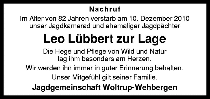  Traueranzeige für Leo Lübbert zur Lage vom 14.12.2010 aus Neue Osnabrücker Zeitung GmbH & Co. KG