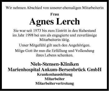 Traueranzeige von Agnes Lerch von Neue Osnabrücker Zeitung GmbH & Co. KG