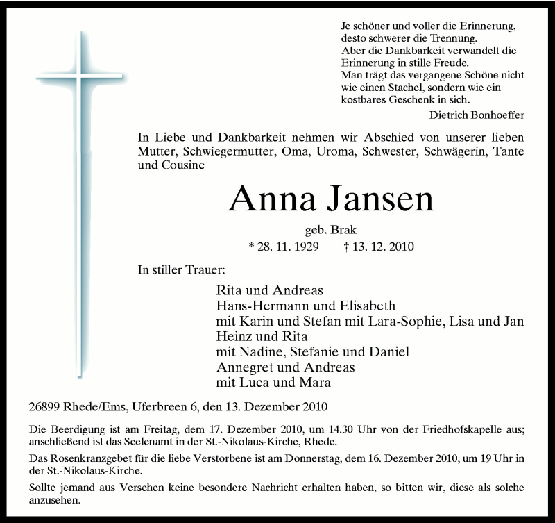  Traueranzeige für Anna Jansen vom 15.12.2010 aus Neue Osnabrücker Zeitung GmbH & Co. KG