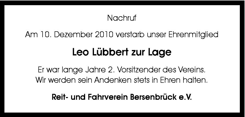  Traueranzeige für Leo Lübbert zur Lage vom 15.12.2010 aus Neue Osnabrücker Zeitung GmbH & Co. KG