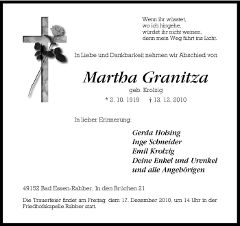 Traueranzeige von Martha Granitza von Neue Osnabrücker Zeitung GmbH & Co. KG