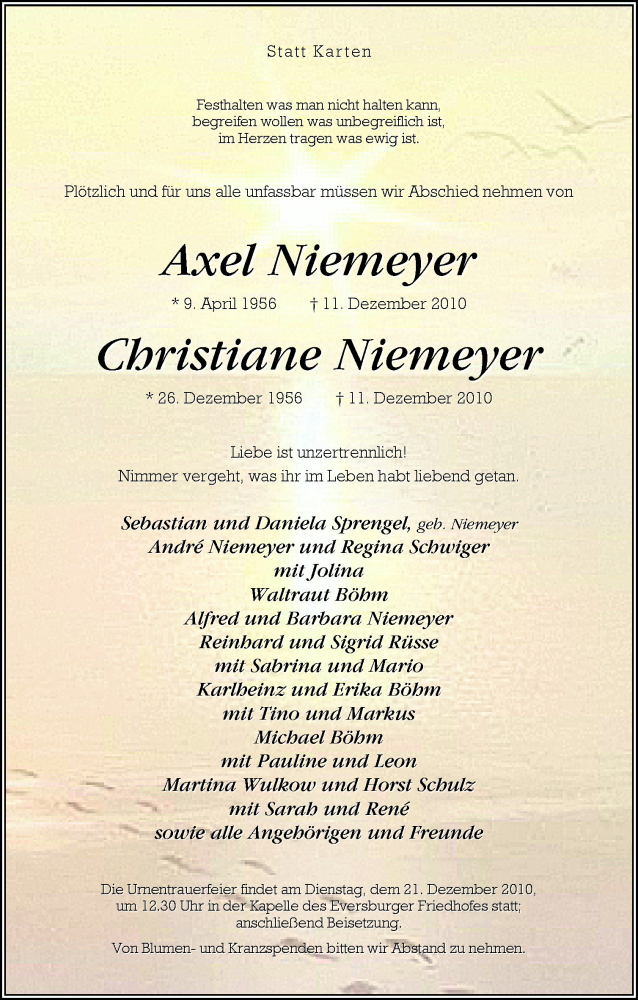  Traueranzeige für Axel und Christiane Niemeyer vom 15.12.2010 aus Neue Osnabrücker Zeitung GmbH & Co. KG