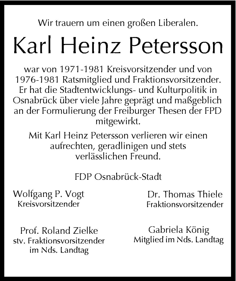  Traueranzeige für Karl Heinz Petersson vom 15.12.2010 aus Neue Osnabrücker Zeitung GmbH & Co. KG