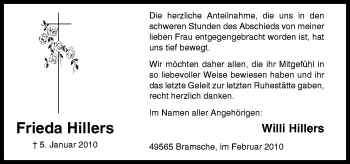 Traueranzeige von Frieda Hillers von Neue Osnabrücker Zeitung GmbH & Co. KG