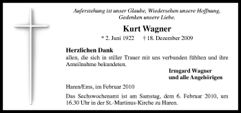 Traueranzeige von Kurt Wagner von Neue Osnabrücker Zeitung GmbH & Co. KG