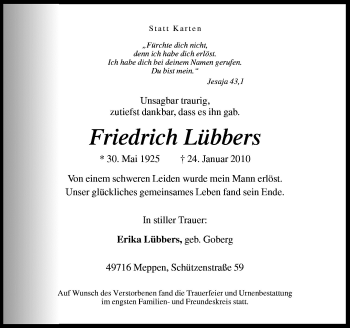 Traueranzeige von Friedrich Lübbers von Neue Osnabrücker Zeitung GmbH & Co. KG