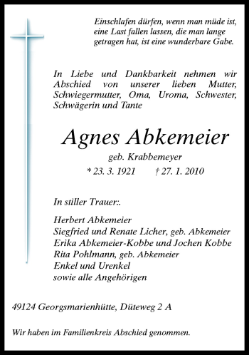 Traueranzeige von Agnes Abkemeier von Neue Osnabrücker Zeitung GmbH & Co. KG