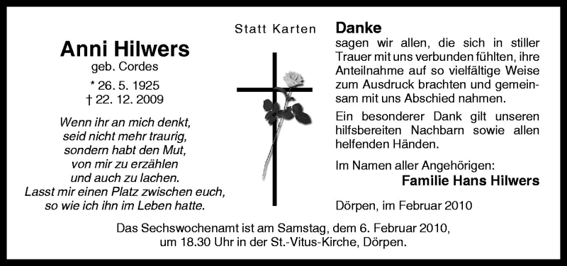  Traueranzeige für Anni Hilwers vom 03.02.2010 aus Neue Osnabrücker Zeitung GmbH & Co. KG