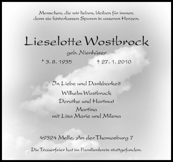 Traueranzeige von Lieselotte Wostbrock von Neue Osnabrücker Zeitung GmbH & Co. KG