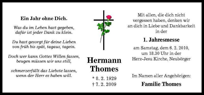  Traueranzeige für Hermann Thomes vom 03.02.2010 aus Neue Osnabrücker Zeitung GmbH & Co. KG