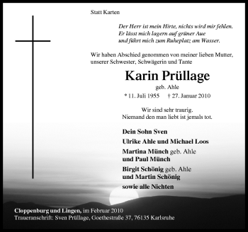 Traueranzeige von Karin Prüllhage von Neue Osnabrücker Zeitung GmbH & Co. KG