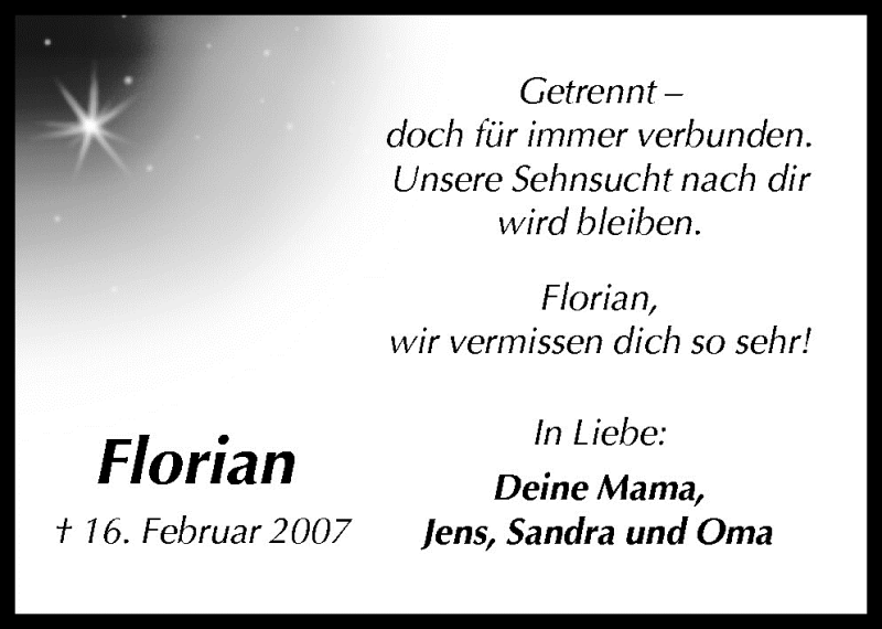  Traueranzeige für Florian  vom 16.02.2010 aus Neue Osnabrücker Zeitung GmbH & Co. KG