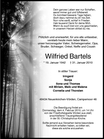 Traueranzeige von Wilfried Bartels von Neue Osnabrücker Zeitung GmbH & Co. KG