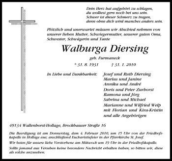 Traueranzeige von Walburga Diersing von Neue Osnabrücker Zeitung GmbH & Co. KG