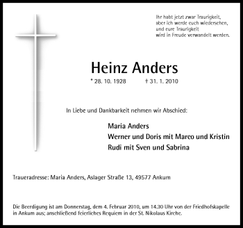 Traueranzeige von Heinz Anders von Neue Osnabrücker Zeitung GmbH & Co. KG