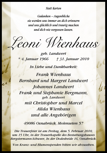 Traueranzeige von Leoni Wienhaus von Neue Osnabrücker Zeitung GmbH & Co. KG