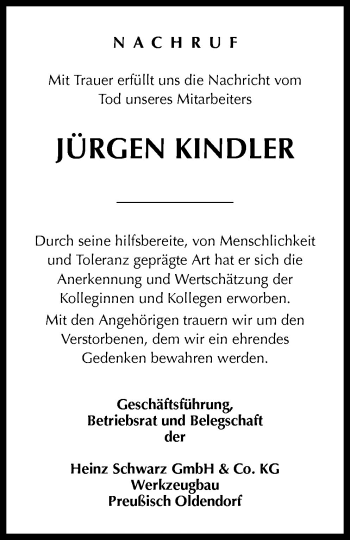 Traueranzeige von Jürgen Kindler von Neue Osnabrücker Zeitung GmbH & Co. KG