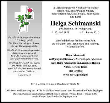 Traueranzeige von Helga Schimanski von Neue Osnabrücker Zeitung GmbH & Co. KG