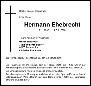 Traueranzeige von Hermann Ehebrecht von Neue Osnabrücker Zeitung GmbH & Co. KG