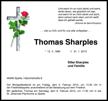 Traueranzeige von Thomas Sharpeles von Neue Osnabrücker Zeitung GmbH & Co. KG