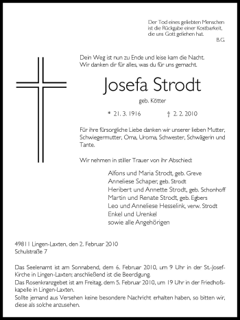 Traueranzeige von Josefa Strodt von Neue Osnabrücker Zeitung GmbH & Co. KG