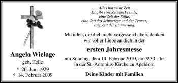 Traueranzeige von Angela Wielage von Neue Osnabrücker Zeitung GmbH & Co. KG