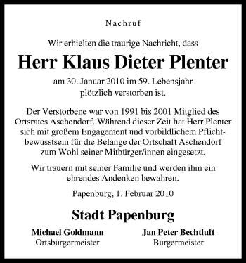Traueranzeige von Klaus Dieter Plenter von Neue Osnabrücker Zeitung GmbH & Co. KG