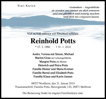Traueranzeige von Rinhold Potts von Neue Osnabrücker Zeitung GmbH & Co. KG