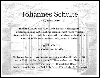 Traueranzeige von Johannes Schulte von Neue Osnabrücker Zeitung GmbH & Co. KG