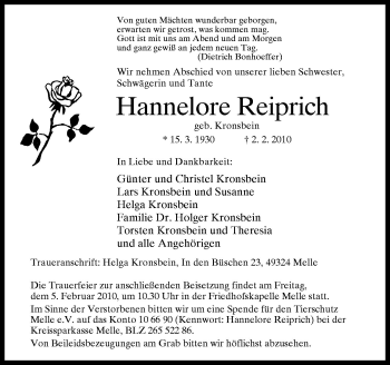 Traueranzeige von Hannelore Reiprich von Neue Osnabrücker Zeitung GmbH & Co. KG