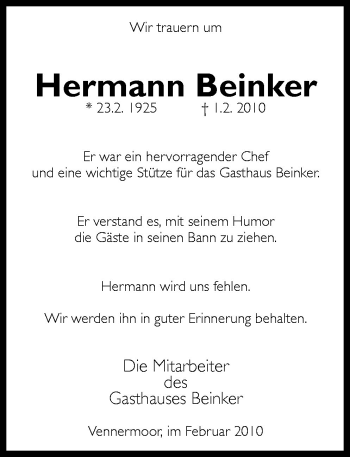 Traueranzeige von Hermann Beinker von Neue Osnabrücker Zeitung GmbH & Co. KG
