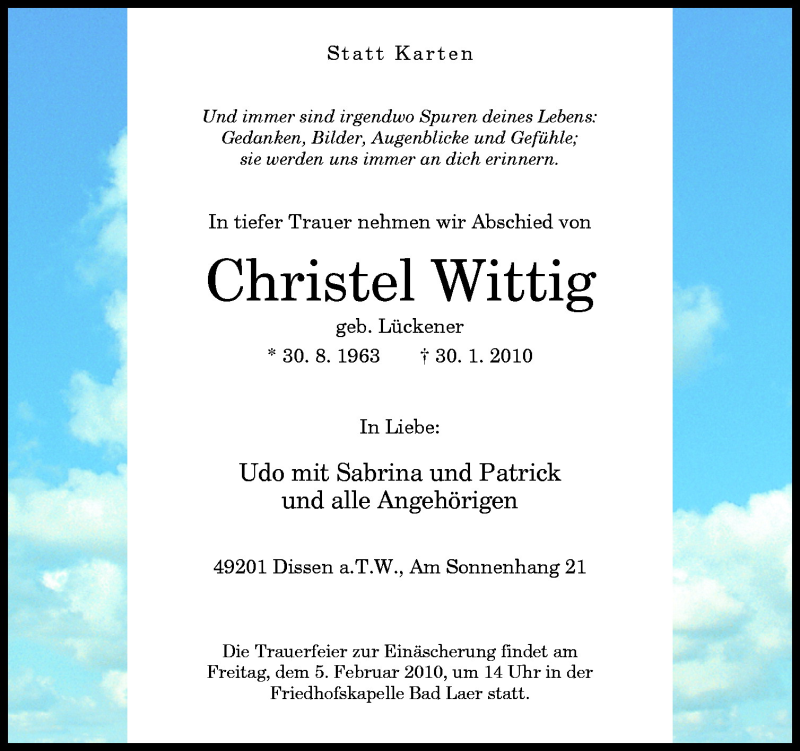  Traueranzeige für Christel Wittig vom 03.02.2010 aus Neue Osnabrücker Zeitung GmbH & Co. KG