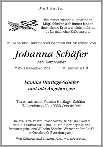 Traueranzeige von Johanna Schäfer von Neue Osnabrücker Zeitung GmbH & Co. KG