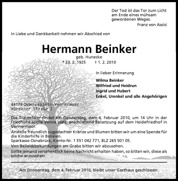 Traueranzeige von Hermann Beinker von Neue Osnabrücker Zeitung GmbH & Co. KG