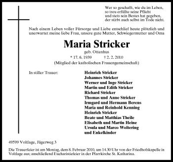 Traueranzeige von Maria Stricker von Neue Osnabrücker Zeitung GmbH & Co. KG