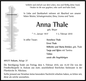 Traueranzeige von Anna Thale von Neue Osnabrücker Zeitung GmbH & Co. KG